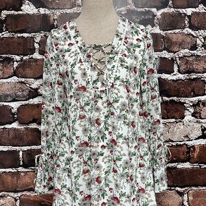Very J Dress NWT Peasant Floral White Red Lace Up Tie Size Small Bohemian